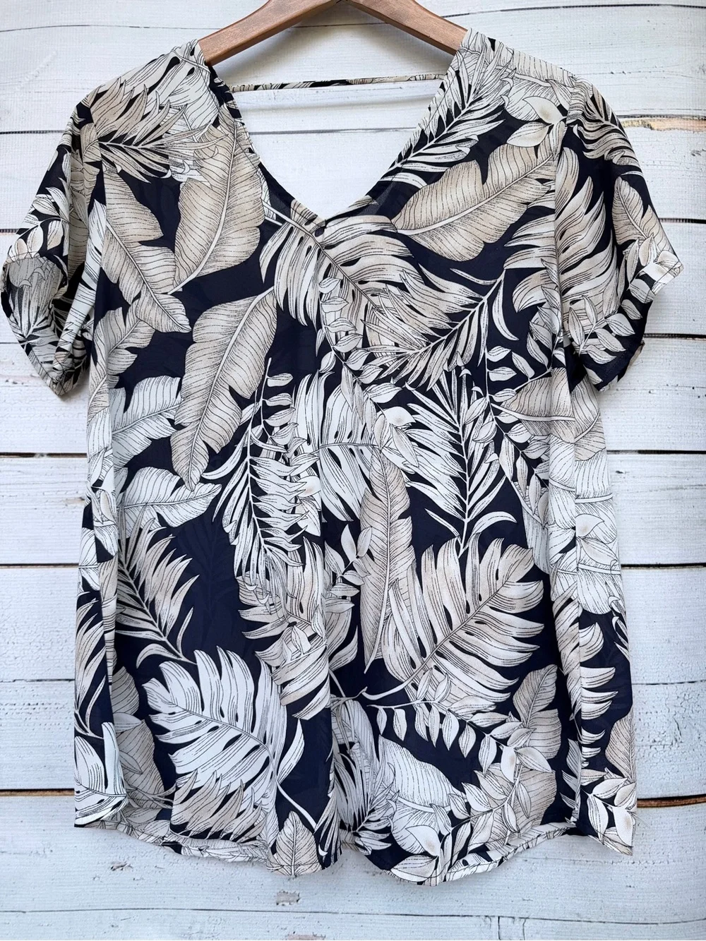 Cherish Navy and Cream Tropical V-Neck Blouse